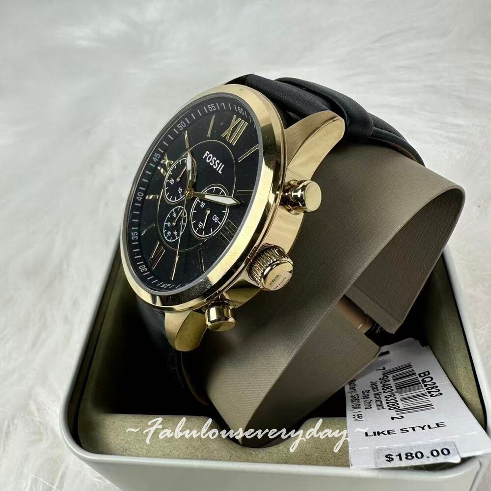 FOSSIL Men's Flynn Chronograph Black Leather Watch 48mm Black/Gold BQ2823 NWT - Picture 2 of 7